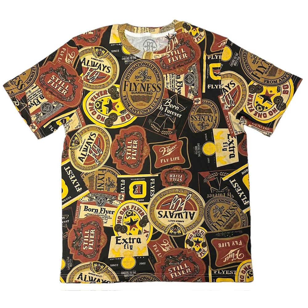 Born Fly Men's All Over Beer Theme Print Graphic Premium Tee T-Shirt in Black